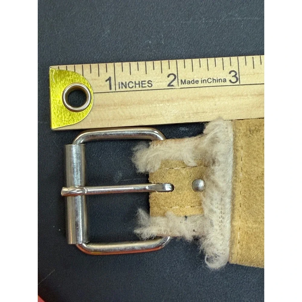 Vintage Tan Suede Shearling Trim Belt Silver Grommet Buckle Made in USA‎ M/L